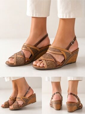 Brown Tan Woven Strappy Wedge Slingback Sandals